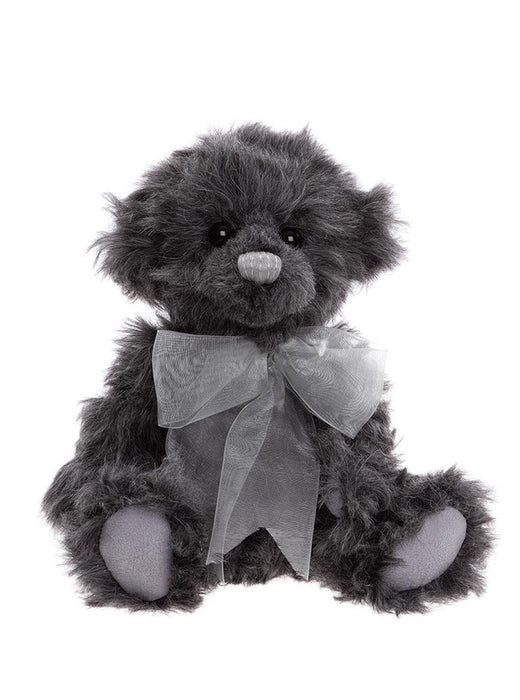 Mr Fogg Charlie Bear in dark grey plush with silver organza bow