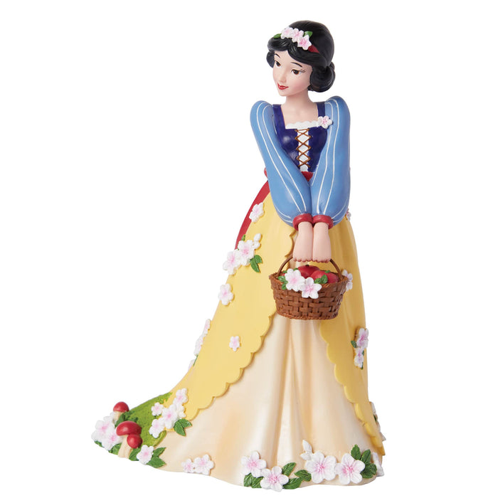 Side view of the Botanical Snow White Figurine – Disney Showcase by Enesco, showcasing intricate floral designs and soft pastel colors.