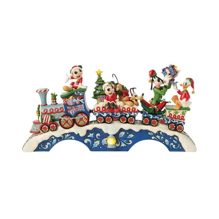 Christmas Cheer on Track (Mickey & Friends LED Musical Train) – Enesco Disney Traditions by Jim Shore, hand-painted collectible featuring Mickey, Minnie, Donald, and Goofy on a festive Christmas train.