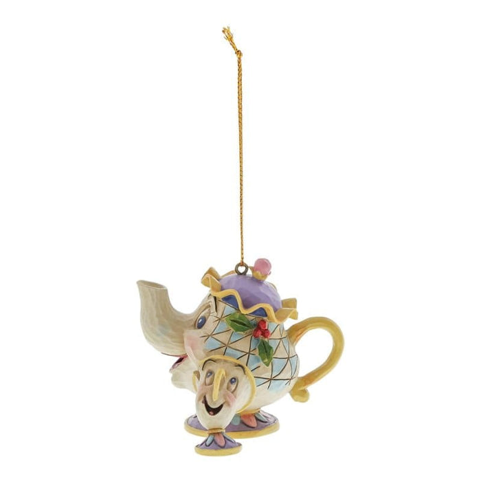 Side view of Mrs. Potts & Chip Hanging Ornament – Enesco Disney Traditions by Jim Shore, showcasing intricate folk-art details.