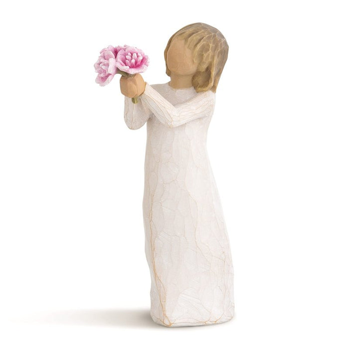 Willow Tree Thank You Figurine by Susan Lordi – hand-painted resin figure holding pink peonies symbolizing gratitude