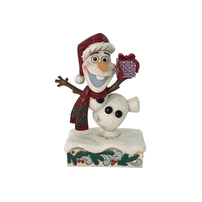 Olaf in Santa hat holding Christmas present – Festive Frost Disney Traditions figure by Jim Shore

