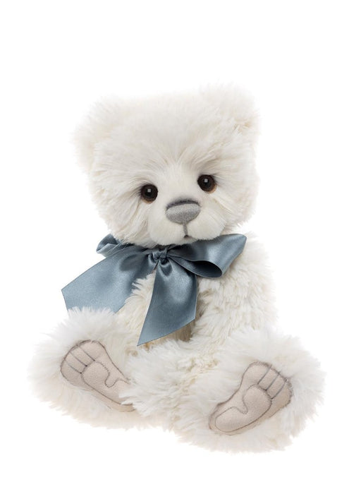 Maja Charlie Bear – fully jointed white plush bear with silvery blue bow and sculpted paw pads