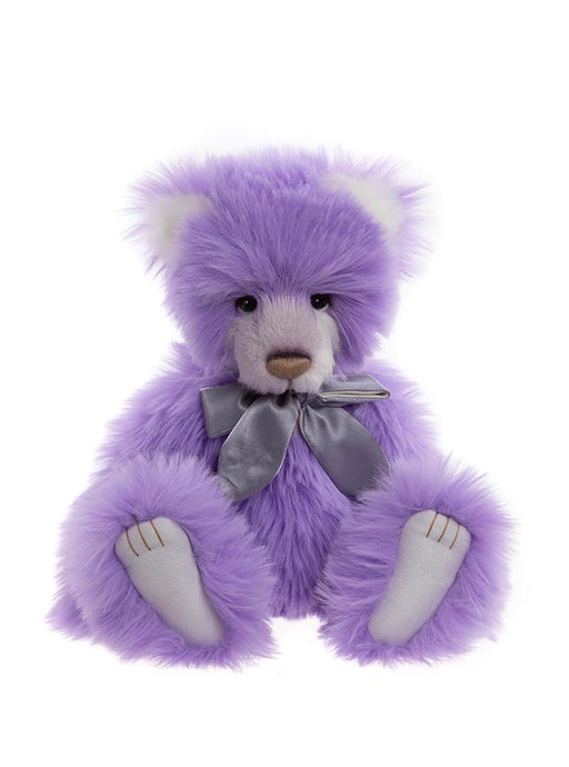 Marianne Charlie Bear with soft purple plush fur and grey satin bow

