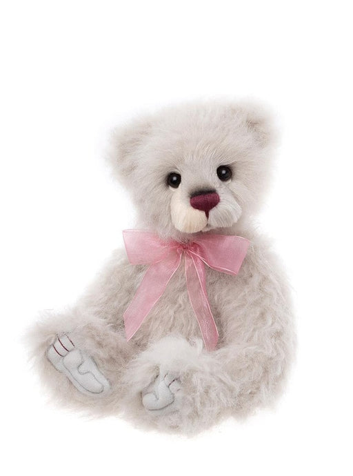 Rosienna Charlie Bear – soft grey plush bear with pink bow and berry-red nose