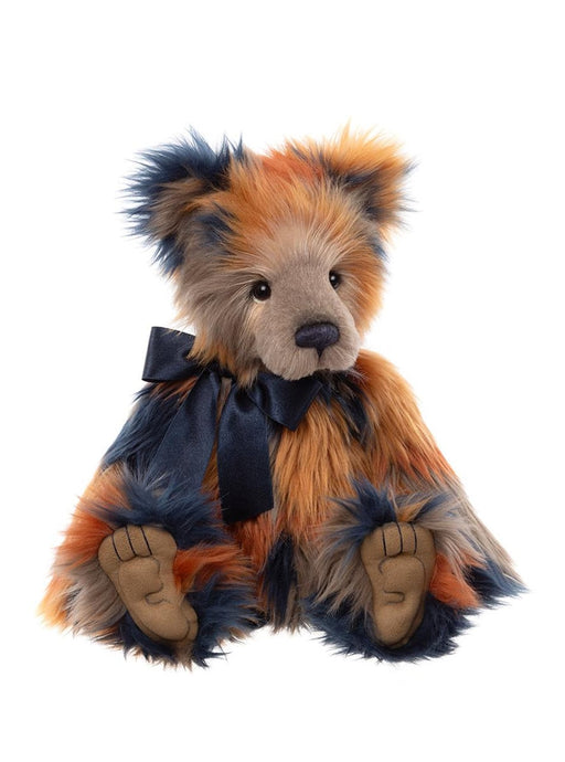 Wilkinson Charlie Bear with multi-coloured long-pile plush and navy blue bow


