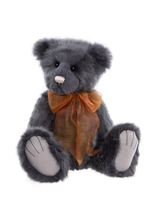 Charlie Bears Armstrong plush teddy bear with soft grey fur and orange bow.
